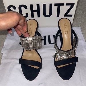 SCHUTZ CRYSTAL FRINGE SLIDE SANDALS